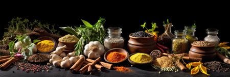 Wide variety spices and herbs on background of black table, with empty space for text or label. Spices and herbs for cooking. Generative Aiの素材
