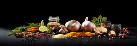 Wide variety spices and herbs on background of black table, with empty space for text or label. Spices and herbs for cooking. Generative Aiの素材