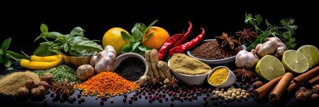 Wide variety spices and herbs on background of black table, with empty space for text or label. Spices and herbs for cooking. Generative Aiの素材