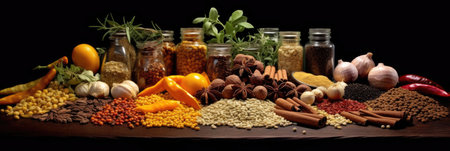 Wide variety spices and herbs on background of black table, with empty space for text or label. Spices and herbs for cooking. Generative Aiの素材