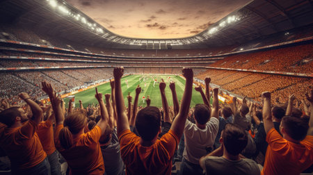 Group of Fans football celebrating the success of their favorite sports team on the stands of the professional stadium. Generative Aiの素材