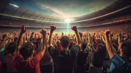 Group of Fans football celebrating the success of their favorite sports team on the stands of the professional stadium. Generative Aiの素材