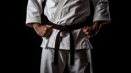 Asian karate man standing with black belt isolated on black background. Taekwondo. Generative Aiの素材