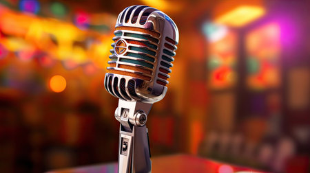 A classic musical microphone on blur colorful background. Generative Aiの素材