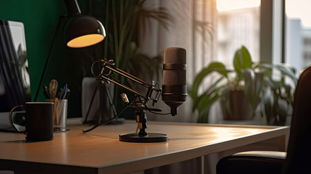 Home studio podcast interior. Microphone, laptop and on air lamp on the table. Generative Aiの素材