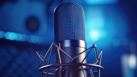 A Professional microphone with waveform on blue background. Podcast or recording studio background. Microphone. Generative Aiの素材