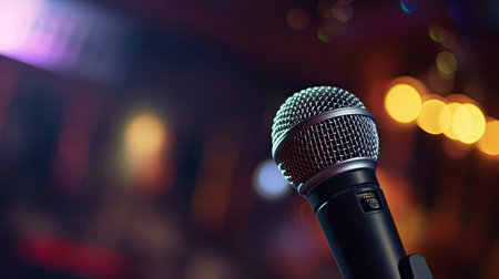 Close up of Microphone in concert hall or conference room. Microphone. Generative Aiの素材