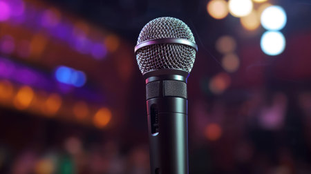 Close up of Microphone in concert hall or conference room. Microphone. Generative Aiの素材