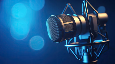 A Professional microphone with waveform on blue background. Podcast or recording studio background. Microphone. Generative Aiの素材