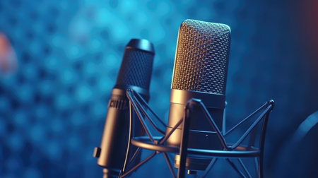 A Professional microphone with waveform on blue background. Podcast or recording studio background. Microphone. Generative Aiの素材