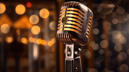 A Retro Microphone On Stage With Bokeh Light. Generative Aiの素材