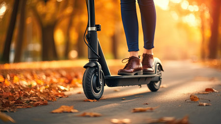 Close up of female feet on an electric scooter, with a wheel in the foreground. Generative Aiの素材