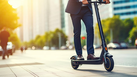 A woman riding black electric kick scooter at cityscape, motion blur. Generative Aiの素材