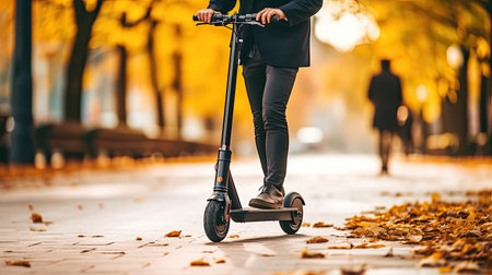 A businessman riding e-scooter on the street in the city. Generative Aiの素材