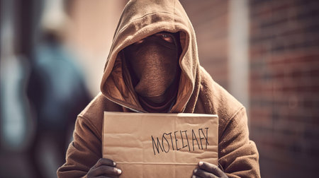 A Male Beggar In Hood Showing Seeking Human Kindness Sign On Cardboard. Generative Aiの素材