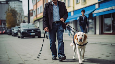 A Blind man, Guide dog helping blind man walking on street in the city. guide dog. Generative Aiの素材