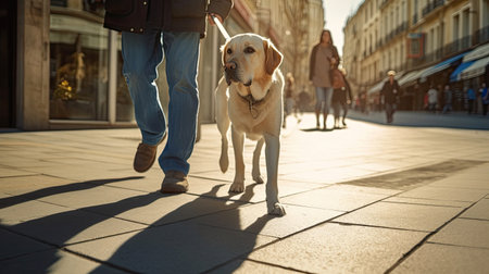 A guide dog helps a visually impaired man walk in city. golden, labrador, Guide Dog. Generative Aiの素材