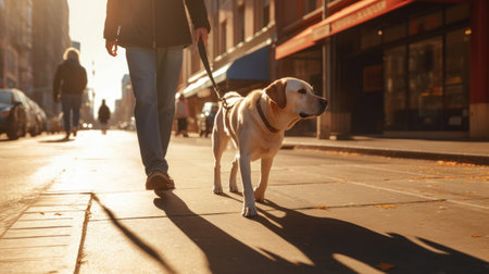 A guide dog helps a visually impaired man walk in city. golden, labrador, Guide Dog. Generative Aiの素材