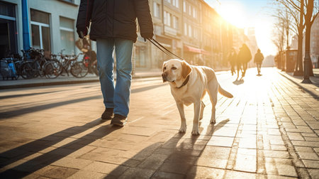 A guide dog helps a visually impaired man walk in city. golden, labrador, Guide Dog. Generative Aiの素材