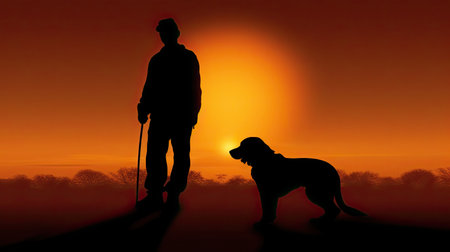 Silhouette of A Guide dog with blind man. golden, labrador, Guide Dog. Generative Aiの素材