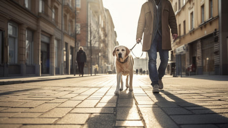 A guide dog helps a visually impaired man walk in city. golden, labrador, Guide Dog. Generative Aiの素材