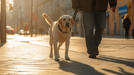 A guide dog helps a visually impaired man walk in city. golden, labrador, Guide Dog. Generative Aiの素材