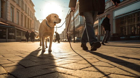 A guide dog helps a visually impaired man walk in city. golden, labrador, Guide Dog. Generative Aiの素材