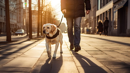 A guide dog helps a visually impaired man walk in city. golden, labrador, Guide Dog. Generative Aiの素材