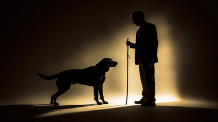 Silhouette of A Guide dog with blind man. golden, labrador, Guide Dog. Generative Aiの素材