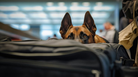 A K9 Police Dog sniffs airport luggage. Police dog. Sniffer Dog. Generative Aiの素材