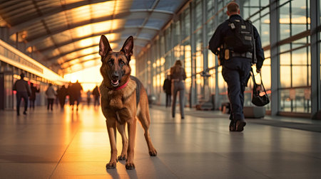 Security officer with police dog at airport. Police dog. Sniffer Dog. Generative Aiの素材
