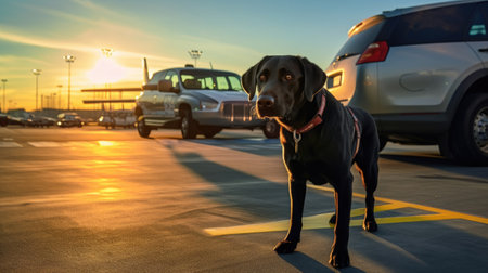 Drug detection dog sniffing car at airport. Police dog. Sniffer Dog. Generative Aiの素材