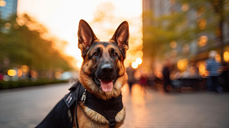 A Service dog of the German Shepherd breed in a police uniform. Police dog. Sniffer Dog. Generative Aiの素材