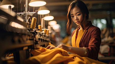 Asain young female seamstress working in textile factory and sewing fabric. Generative Aiの素材