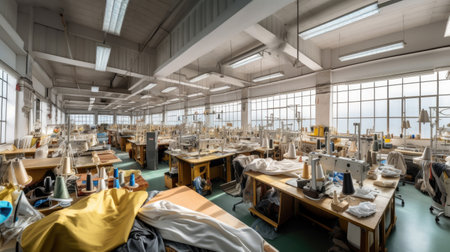 Interior of garment factory shop. Sewing factory. Tailoring industry.の素材
