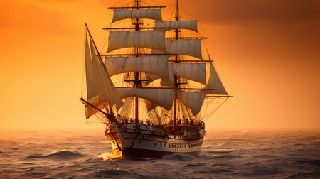 Barque ship in the ocean at sunset. Generative Aiの素材