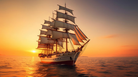Barque ship in the ocean at sunset. Generative Aiの素材