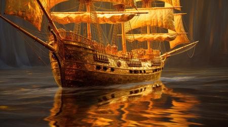 Golden barque ship with square sails on luxury abstract wave art background in gold line art style. Generative Aiの素材
