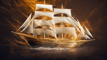 Golden barque ship with square sails on luxury abstract wave art background in gold line art style. Generative Aiの素材