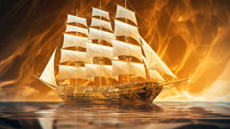Golden barque ship with square sails on luxury abstract wave art background in gold line art style. Generative Aiの素材