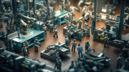 A production line for consumer electronics with workers assembling smartphones and other electronic devices with robotic assistance. Generative Aiの素材