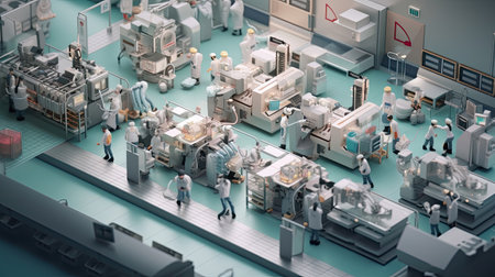 A production line for consumer electronics with workers assembling smartphones and other electronic devices with robotic assistance. Generative Aiの素材