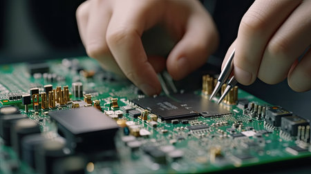 A Woman is Using Plier to Assemble Printed Circuit Board for Smartphone. Electronics Factory Workers in a High Tech Factory Facility. Generative Aiの素材