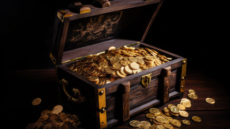 Open treasure chest filled with gold coins. Generative Aiの素材