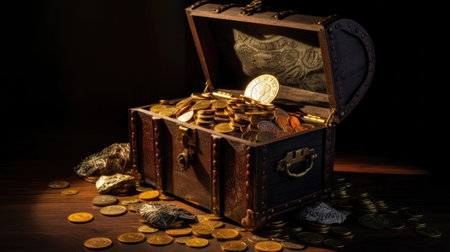 Treasure Chest, Open Ancient Trunk With Glowing Magic Lights In The Dark. Generative Aiの素材