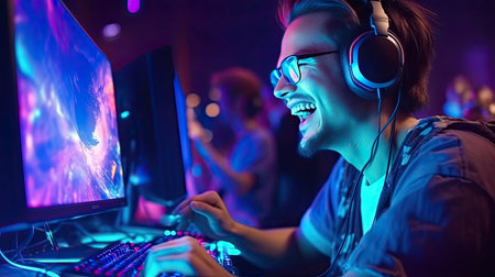 Adult winning online video games tournament, streaming action gameplay with multiple players on internet. Male feeling happy about win. Generative Aiの素材