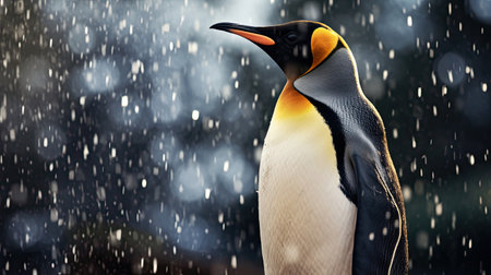 A king penguin gazes skyward as snow falls gently. In the background, other members of the penguin colony also enjoy the rare South Georgia summer snow. Generative Aiの素材