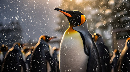 A king penguin gazes skyward as snow falls gently. In the background, other members of the penguin colony also enjoy the rare South Georgia summer snow. Generative Aiの素材