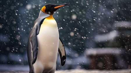 A king penguin gazes skyward as snow falls gently. In the background, other members of the penguin colony also enjoy the rare South Georgia summer snow. Generative Aiの素材