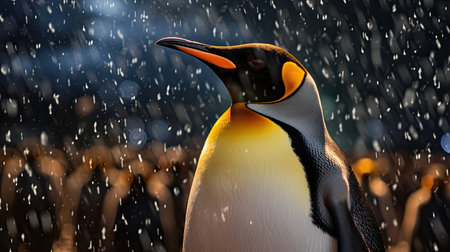 A king penguin gazes skyward as snow falls gently. In the background, other members of the penguin colony also enjoy the rare South Georgia summer snow. Generative Aiの素材